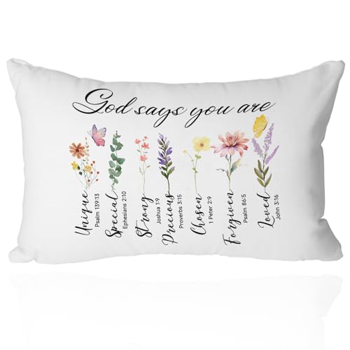 Bible Verse Pillow Cover 12x20 – “God Says You Are” Floral Scripture Throw Pillow Case – Christian Faith Decor with Watercolor Flowers – Inspirational Cushion Cover for Couch, Bed or Prayer Room