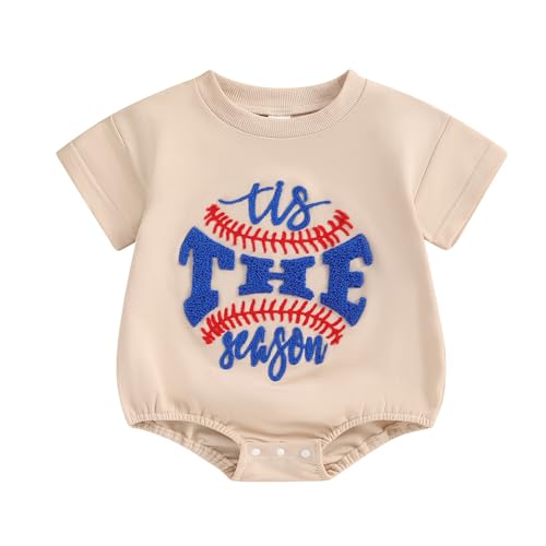 Image of Newborn Baby Boy Girl Baseball Outfit Tis The Season Embroidery Bubble Romper Oversized Tshirt Romper Bodysuit