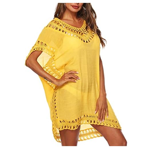 JewelryWe Damen Strandkleid Chiffon Quasten Sommerkleid Strandponcho Strandurlaub Badeanzug Bikini Cover-Ups Blau 3 Adisputent Strandkleid Damen Sommerkleid V-Ausschnitt Sexy Oversize Boho Minikleid Spitze Strandponcho Sommer T-shirt Strandurlaub Bademode Badeanzug Bikini Cover Up (Typ4-Gelb1,Einheitsgröße)
