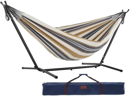 Vivere Double Cotton hammock with 9-foot steel stand supporting 450 lb capacity