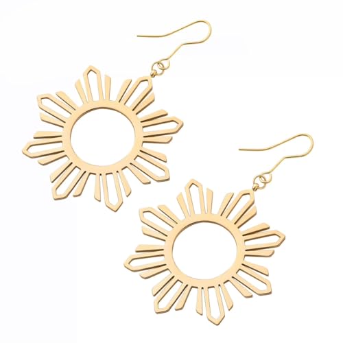 Philippine Araw Full Sun Outline Dangle Earrings, Modern Filipino Sun Design, Lightweight Statement Earrings with 4.5 cm Drop (Gold)