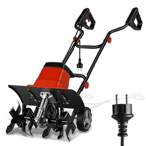 Jaxguom 1500W Elektro-Bodenhacke,400mm Arbeitsbreite,220mm Arbeitstiefe,mit Rädern,24 Messer Gartenkralle,Rot und Schwarz Rasenwalze,für Gemüsebeet,Garten,Rasen Bodenbearbeitung.