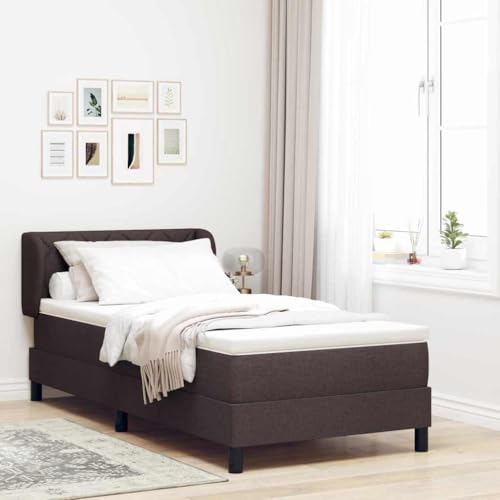 Ordellia Cama con somier con colchón, color marrón oscuro, 90 x 200 cm, funda de tela, cabecero de altura ajustable, marco de madera resistente, cama individual para dormitorio, diseño moderno