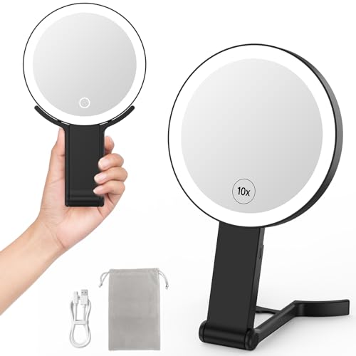 Espejo de aumento con luz, espejo de cambiador de 2 lados con aumento 1X/10X recargable, computadora de mano 3 en 1 y espejo iluminado colgante, 3 colores de luz y atenuación continua para el hogar y