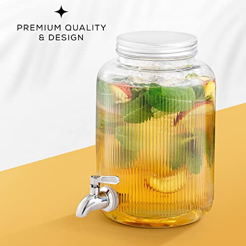 Fluted 1-Gallon Drink Dispenser. Glass Beverage Dispenser With Stainless Steel Spigot Plus Ice Cylinder And Fruit Infuser! Water Dispenser, Lemonade Stand, Juice Container - Dispensers For Parties #TOP3