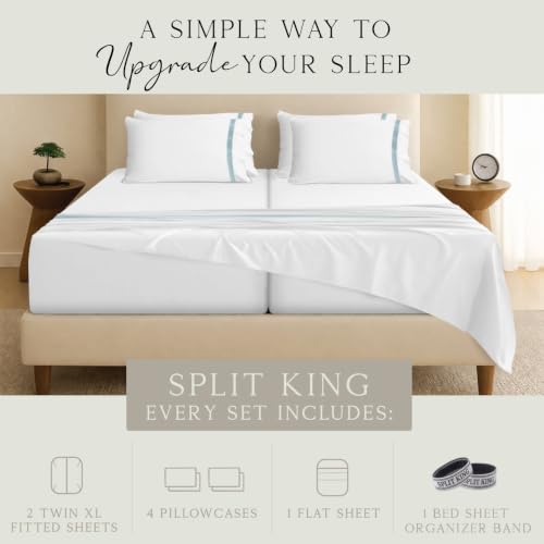 Image of KARISSA MAE 7 Piece Luxury Bamboo Viscose Split King Sheets, FSC Certified | Includes 2 Twin XL Fitted Sheets | For Adjustable Beds | Cooling | 18 inch Deep Pocket | 4 Pillowcases [Signature Frame]