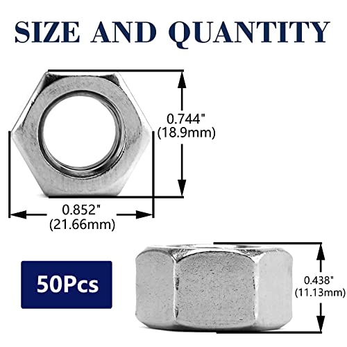 Image of 1 /2-13 Hex Nuts 50Pcs 304 Stainless Steel 18-8, Full Thread, Hex Drive, Bright Finish by SG TZH