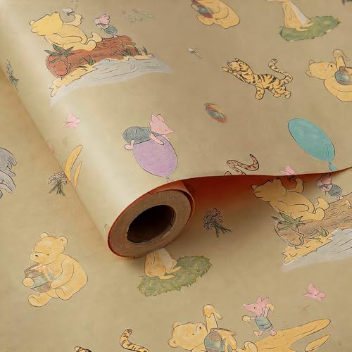 Bapmnicc Classic Winnie Bear Kraft Wrapping Paper Roll with Cutting Lines 1 Roll 17in x 33ft Cute Pooh Gift Wrap for Kids Birthday Baby Shower Boys Girls Theme Party& Festival Decor