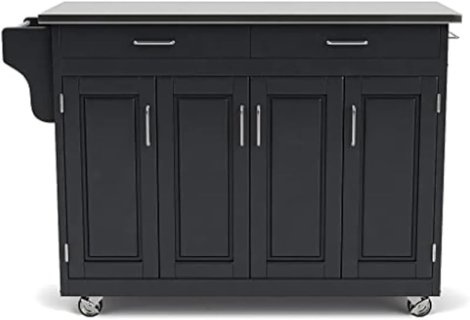 Black Finish Four Door Cabinet Kitchen Cart with Stainless Steel Top Adjustable Shelving