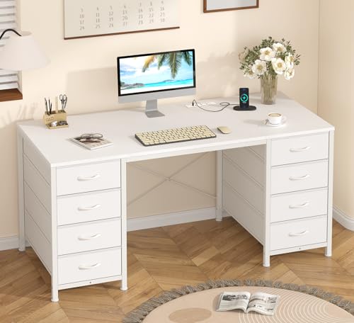YOMILUVE 50 Inch White Computer Desk with 8 Drawers, Home Office Desk with Power Outlets, Work Study Gaming Desk with 8 Fabric Drawers, White