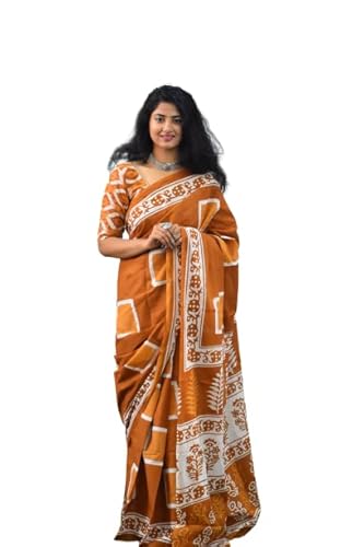 JALTHER Handicrafts Women's Ikat Hand Block Print Jaipuri Cotton Mulmul Saree with Blouse Piece - Mustard_112