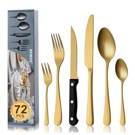 BEWOS Juego de Oro cubiertos para 12 personas, cuberteria acero inoxidable de 72 piezas con cuchillos para carne, Cuchillo Cuchara Tenedor Cubiertos Set Espejo Pulido, Apto para Lavavajillas