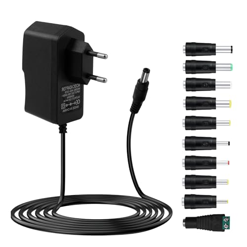 12V 1A Alimentatore Universale, Adattatore Trasformatore Compatibile con Router, Altoparlanti, Luminose a LED, Scanner, Tablet, TV Box, Telecamera, Caricatore Ricambio con 10 Spine DC Connettori