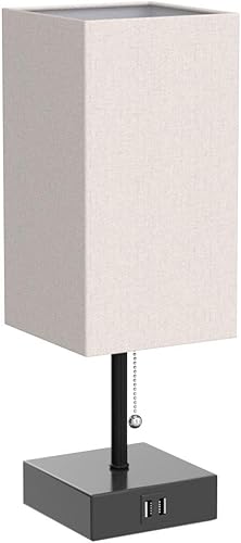 Miniatura 4 de Lámpara de mesa de noche lámpara de mesa de cadena con 2 puertos de carga USB bombilla LED de 2700 K pantalla de lino de tela lámpara de mesita de