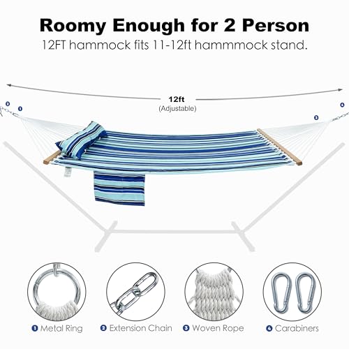Image of GAFETE Hammock 2 Person Quilted Fabric Hammocks for Outside, Double 12ft Hammocks with Spreader Bar, Large Removable Pillow, Storage Bag, Carabiners, Max 475 lbs Capacity (Catalina Beach)