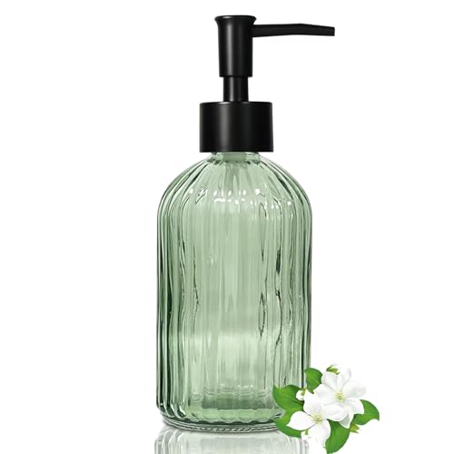 14 Oz Black Pump Glass Soap Dispenser Green Stripe Countertop Refillable Liquid Bottle Hand Dish Lotion Dispenser with Plastic Pump for Kitchen Bathroom