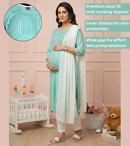 Image of DUMMY SHAPE Feeding Dresses for Women Full Set | Cotton Blend Floral Embroidered Kurta Pant Dupatta Suit with Nursing Zippers to Pre & Post Pregnancy | Gift for Pregnant Woman