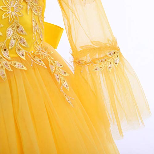 Iwemek Girls Floral 3/4 Sleeves Lace Sequin Princess Dress Bridesmaid Pageant Dance Evening Gown Birthday Wedding Party Ball Gowns Floor Length Tulle Puffy Maxi Dress Yellow 3-4 Years #TOP3