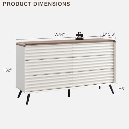 RedLemon 6 Drawers Fluted Dresser, 54'' Mid Century Modern Wood Double Dresser, Chest of Drawers with Tapered Leg for Living Room,Bedroom, Hallway, Closet