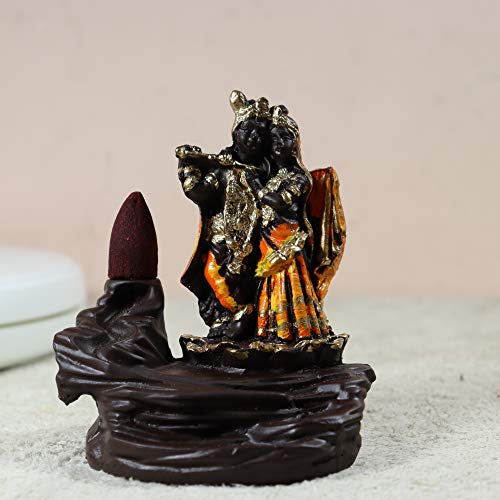 Image of CRAFTAM Polyresin Smoke Backflow Fountain Like Waterfall Radha Krishna Incense Holder Decorative Showpiece Gift with Free 10 Scented Cone Incenses (Orange)