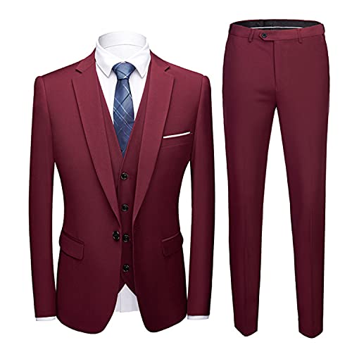 Men's 3 Pieces Suits Slim Fit Suit Business Wedding Dress Jacket Vest Pants Set Linen Suit Summer Blazer with Pants (Crimson,4X-Large)