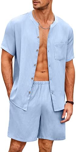 Ekouaer Men Shorts Pajamas Set Button Down Pj Cotton Linen Sleepwear Short Sleeve Beach Outfits Set Summer Clear Blue