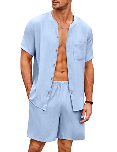 image for Ekouaer Men's Pjs Set Button Loungewear Shorts Sleeve Sleepwear V Neck