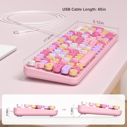 Image of MOFII Wired Full Size USB Keyboard, Colorful Retro Round Typewriter Keyboard with Foldable Stands for Windows PC Laptop (Pale Pink)