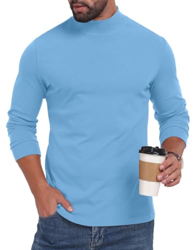 PrinStory Rollkragenpullover Herren Baumwolle Langarmshirt Strickpullover Rundhals Mock Turtleneck Thermo Sweatshirts Pullover (Hellblau, 3XL)