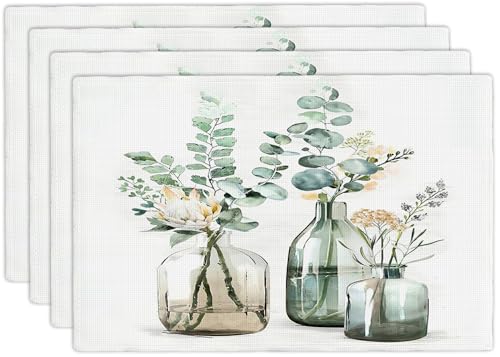 Botanical Plant Placemats Set of 4, 12x18 Inch Summer Leaf Eucalyptus Table Place Mat Spring Washable Non-Slip Heat Resistant Fabric Placement Mats for Dining Kitchen Indoor Outdoor Decor