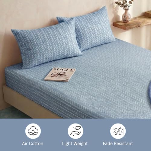 Image of Marrow Lane 300 TC Soft Air Cotton King Size Bedsheet, Bed Sheet for King Size Bed (108x108 Inches) with 2 Pillow Covers | Ultra Soft, Breathable & Durable | Herringbone Arrow Design | Blue