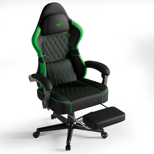 Huracan Sedia da Gaming con massaggio, Sedie da ufficio per computer con poggiapiedi, schienale regolabile, Poltrona da Gaming ergonomica per PC, con capacità di carico di 150kg, pelle PVC, Nero-verde