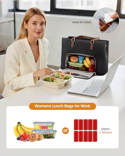 Image of LOVEVOOK Lunch Bag for Women, Leather Work Laptop Tote Bag with Insulated Lunch Compartment&Cup Holder, 17.3 Inch 2 in 1 Lunch Tote for Business, Teacher, Nurse, Office, College, Casual