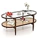 Giantex Rattan Coffee Table, 2-Tier Oval Acacia Wood Tea Table w/Tempered Glass Tabletop & PE Rattan Storage Shelf, Boho Cocktail Tables, Mid Century Modern Center Table for Living Room Office, Brown