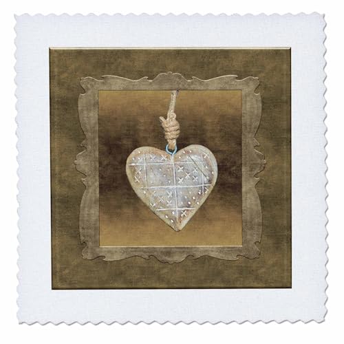 25x25 inch Quilt Square - Wooden Heart on Rope, Framed, Gold Background Heart Design