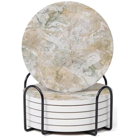 Hoomey Set of 6 Sand Abstract Onyx Marble Coasters with Holder, Absorbent Ceramic Coasters for Drinks, Coasters with Cork Backing for Table Protection, Home Decor, Coffee Table Decor Cover