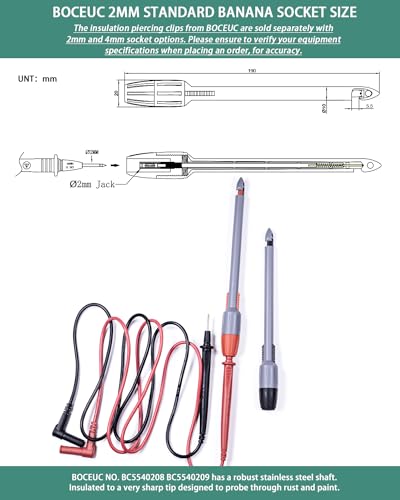 BOCEUC Heavy Duty Wire Piercing Probe Insulation Piercing Clip Set Push on 4mm Push Banana Plug Multimeter Test Leads Multi Testers Needle Accessories