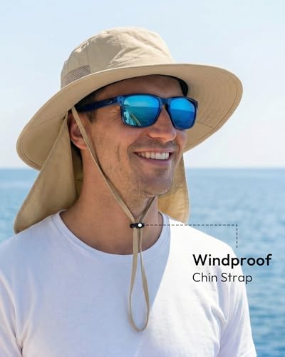 Image of Sun Hats for Men Wide Brim Bucket Hat with Neck Flap for Fishing & Hiking Mens Sun Hat for UV Protection