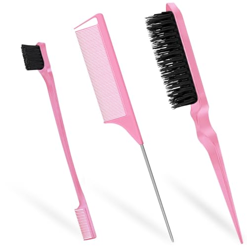 Soodyoow Spazzola 3 in 1 Slick Back & Edge, pettine a coda di topo per parrucchiere, donne e bambini, rosa