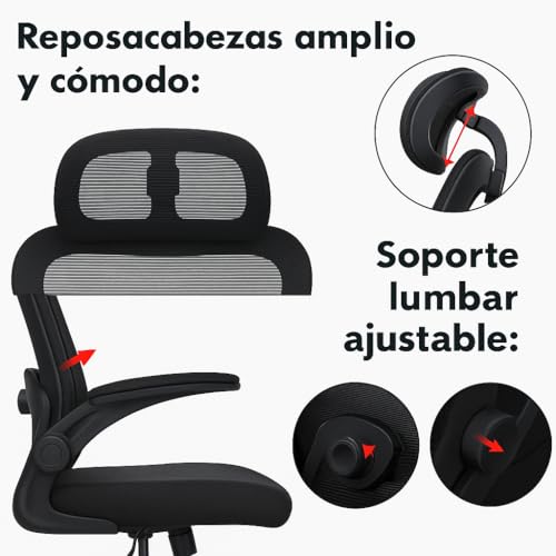 Miniatura 6 de T-Lovendo.Es Silla De Oficina Ergonómica, De Escritorio, Ejecutiva, Giratoria Con Ruedas, De Juegos De Malla Transpirable, Con Reposacabezas Y Apoyabrazos Ajustable, Soporte Lumbar Para Oficina, Casa