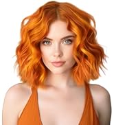 BECUS Ginger Wig Short Bob Wigs for Women with Bangs Orange Wig Natural Curly Wavy Synthetic Wome...