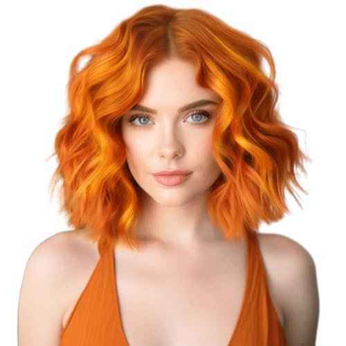 BECUS 12In Short Ginger Bob Wig for Women with Bangs Natural Curly Wavy Synthetic Wig for Daily Wear Halloween, Party & Cosplay