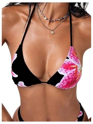 Verdusa Women's Leopard Print Triangle Halter Bikini Tops Floral Tie Back Swimwear Top