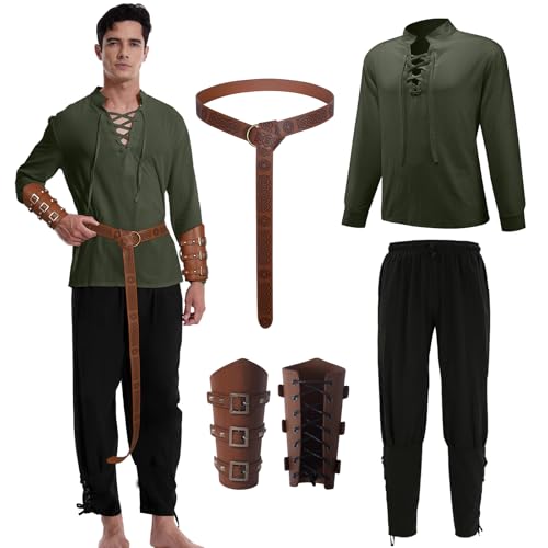 Lot de 4 vêtements médiévaux pour homme, costume Renaissance Viking pour homme, avec chemise médiévale, pantalon, ceinture, protège-poignets, pour...