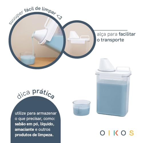 Oikos - Porta Sabão em Pó 1,8L Transparente com Copo Dosador e Trava