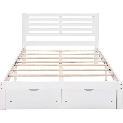 P Purlove Platform Bed Full, Wood Platform Bed Frame With Storage Drawers And Wood Slat Support, No Box Spring Needed, White #TOP4