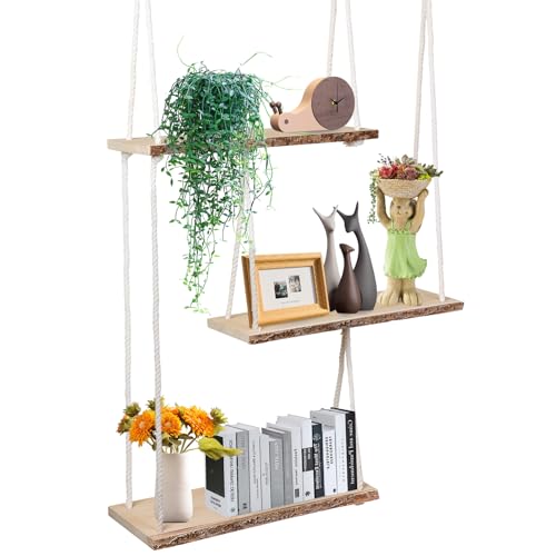 OriCre Floating Shelves Boho Wall Shelves 3 Tier Rustic Wood Hanging Shelves Adjustable Rope Shelf for Boho Aesthetic Room Decor Bedroom/Living Room/Bathroom/Kitchen/Corner/Plant,Book,Décor
