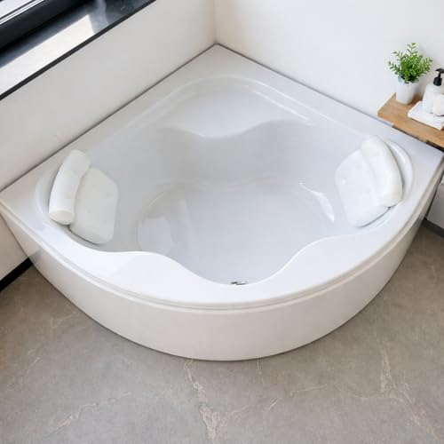 ECOLAM® Eckbadewanne Badewanne Selma 140x140 cm Schürze + 2 x Kopfkissen Sole | Qualitätswanne Eckwanne Acrylwanne Acryl Verkleidung | Ablaufgarnitur Ab- und Überlauf Automatik Füße Set
