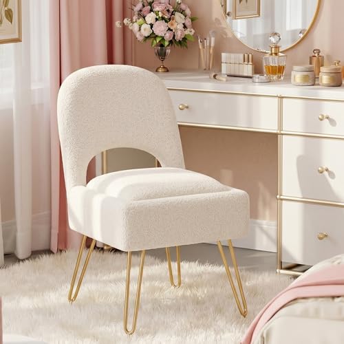 Hellove Tabouret Coiffeuse avec Rangement & Dossier Rückenlehne, Chaise Coiffeuse Sherpa avec Pieds en Métal Doré, Pouf Coiffeuse Confutable pour Salon &...