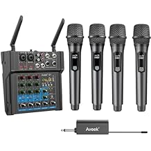 Aveek Karaoke Mixer Amplifier with Four Wireless Microphone with Rechargeable Receiver Work 6hs, for Singing, Party, Wedding, DJ 4 Packs Mics